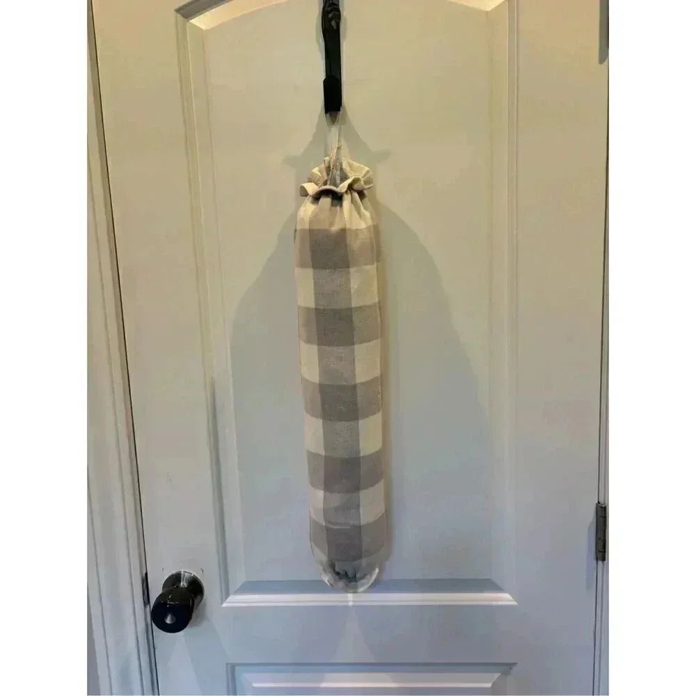 Handmade Plastic Bag Holder- Gray white checked squares